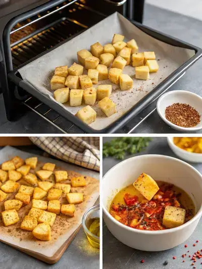 Step-by-step images of preparing spicy cubes, from preheating the oven to serving the finished dish.
