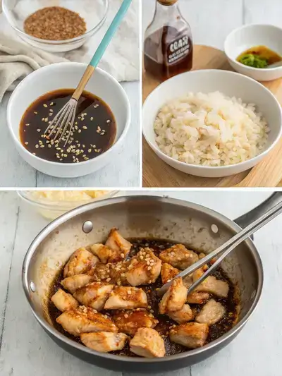 Step-by-step images of preparing teriyaki chicken, from whisking the marinade to serving the finished dish.
