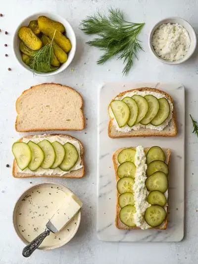 Step-by-step images of making a pickle sandwich, from buttering bread to grilling and serving.