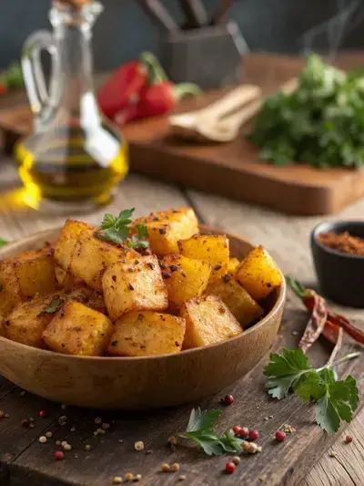 Close-up of golden-brown spicy cubes on a wooden table, garnished with fresh herbs.
