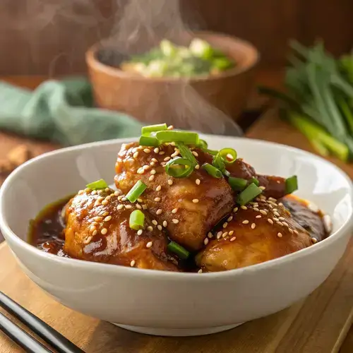Glazed teriyaki chicken thighs with steam rising, served in a shallow bowl.