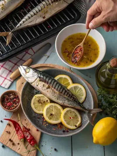 Step-by-step preparation of mackerel fish with marinade and grilling process.