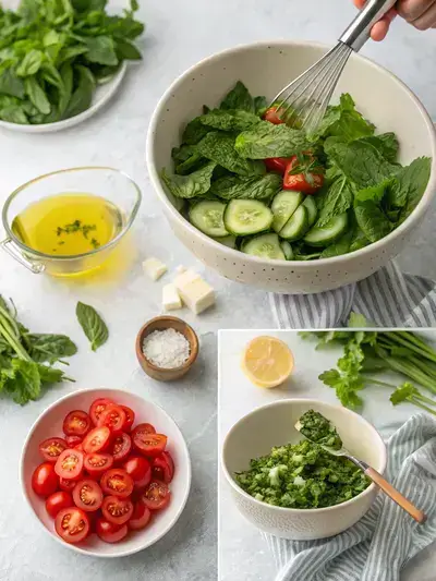 A vibrant minted greens salad with mixed greens, mint leaves, cherry tomatoes, and cucumber slices in a white bowl, garnished with whole mint leaves.