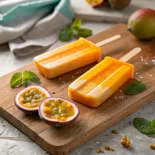 Three vibrant mango passion fruit popsicles melting slightly on a rustic board with fresh fruit and mint.