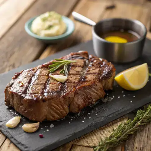 A mouthwatering rib eye steak glistening with butter and herbs on a wooden table.