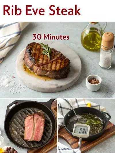 Step-by-step preparation of a rib eye steak, showcasing resting, seasoning, searing, and serving.