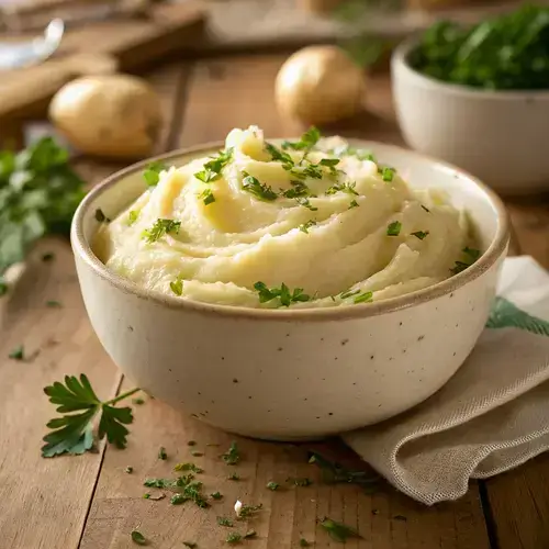 A rustic bowl of mashed white sweet potatoes with parsley on a wooden surface, softly lit.