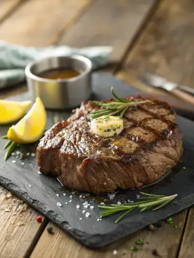 Close-up of a perfectly cooked rib eye steak with a rich brown crust and sear marks, garnished with rosemary and garlic.