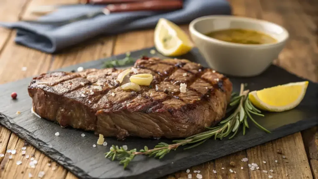Close-up of a perfectly cooked rib eye steak with a rich brown crust and sear marks, garnished with rosemary and garlic.