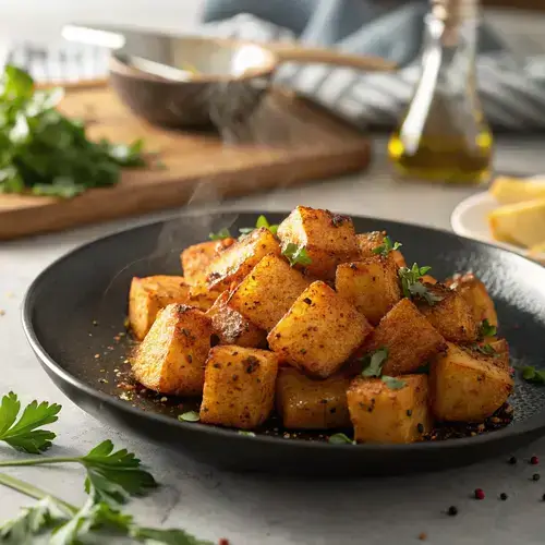 Photorealistic image of spicy potato cubes with herbs on a matte plate.