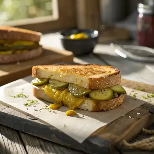 Freshly made pickle sandwich with melted butter and mustard on rustic wooden table.