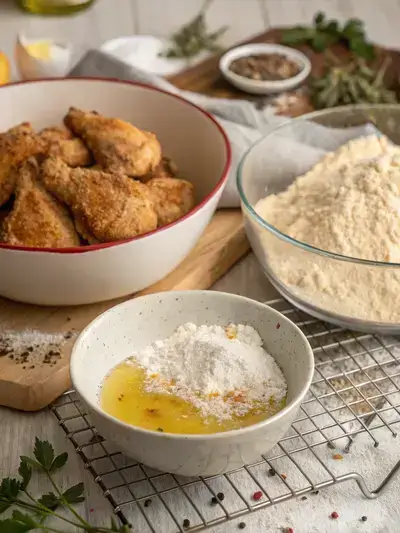 Step-by-step preparation of broasted chicken, showcasing marinated chicken, seasoned flour, frying process, and draining.