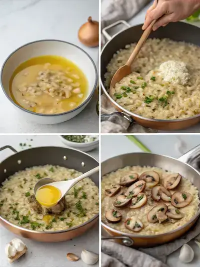 Step-by-step preparation of creamy mushroom risotto with arborio rice, showcasing broth heating, sautéing vegetables, toasting rice, adding broth, finishing with cheese, and serving.