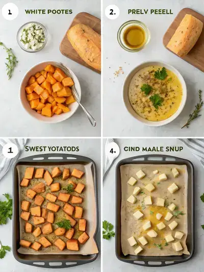 Step-by-step images of preparing white sweet potatoes, including peeling, cubing, seasoning, and roasting.