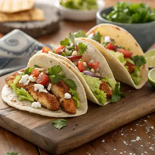 Three chicken tacos with fresh toppings on a rustic board, highlighting the culinary artistry of El Gallo Giro.