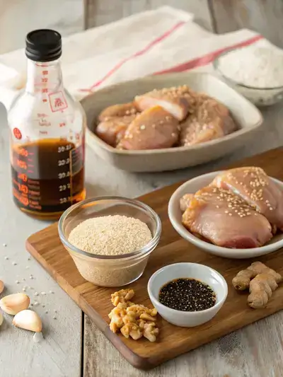 Ingredients for teriyaki chicken marinade displayed on a wooden countertop.