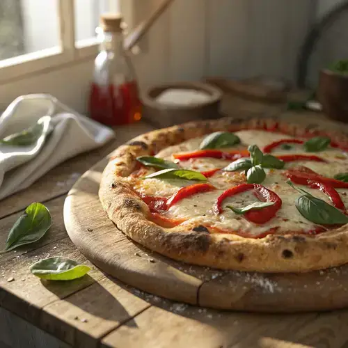 Freshly baked pizza with melted cheese and colorful toppings on rustic wood.