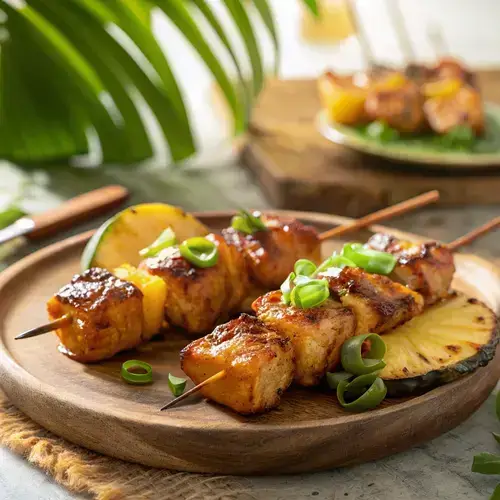 Grilled Hawaiian Huli Huli Chicken skewers served with pineapple and green onions, with a glass of pineapple juice.