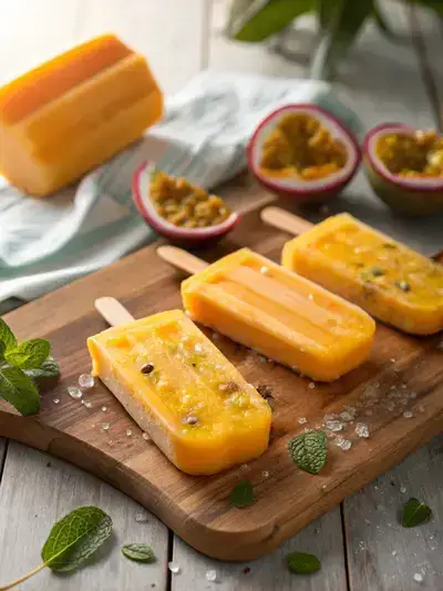 Close-up of three mango passion fruit popsicles on a wooden board, surrounded by fresh mango slices and passion fruits.