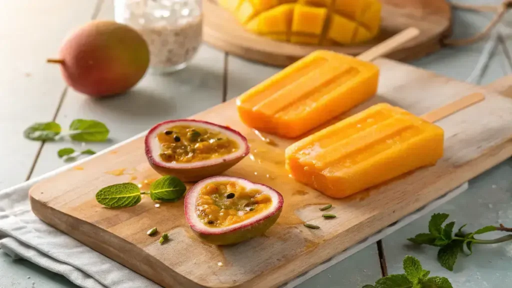 Close-up of three mango passion fruit popsicles on a wooden board, surrounded by fresh mango slices and passion fruits.