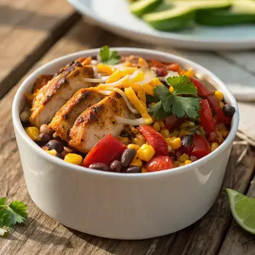 Close-up of a Chicken Fiesta bowl with grilled chicken, vegetables, and cheese, illuminated by natural sunlight.
