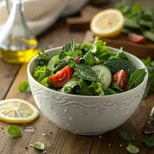 Photorealistic close-up of a salad with mint leaves, cherry tomatoes, and cucumber slices in a white bowl.