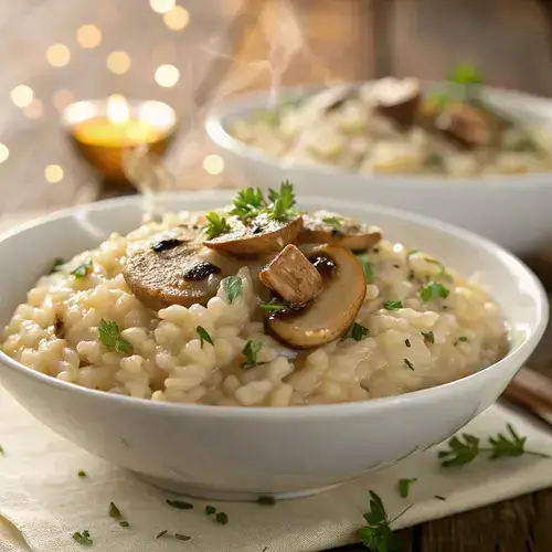 Glistening arborio rice risotto with mushrooms and steam in a ceramic bowl